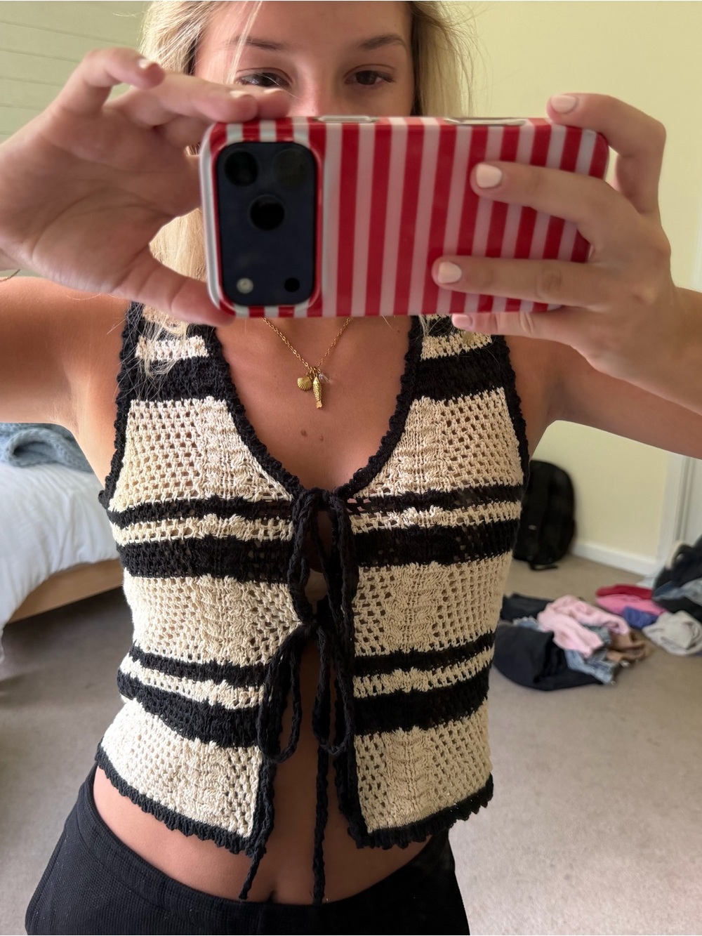 Altar'd State Crochet Tie-Front Camisole in Cream and Black